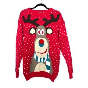 REMEL LONDON Womens Ugly Christmas Sweater‎ L Red Reindeer Festive Party Holiday